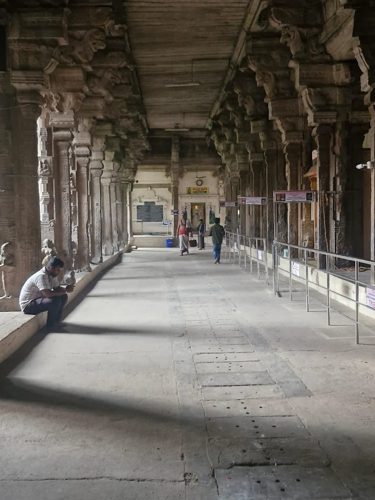 Stone pillars inside Nellaiappar Temple showcasing Dravidian architecture