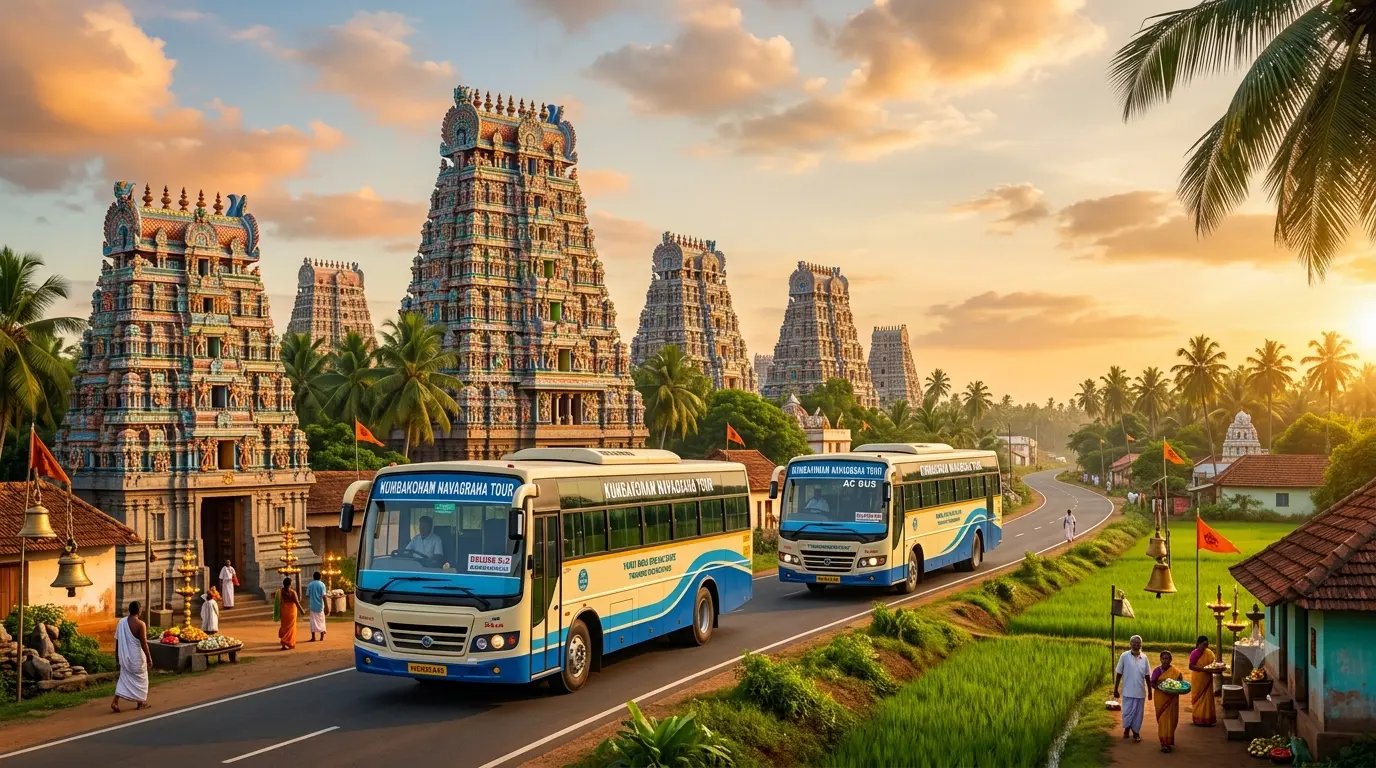 Kumbakonam Navagraha Package tour with Tamil Nadu Government Deluxe and AC buses covering all 9 Navagraha temples near Kumbakonam.