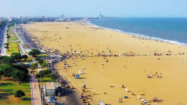 Aerial view of Marina Beach Chennai with wide sandy shoreline and Bay of Bengal coastline