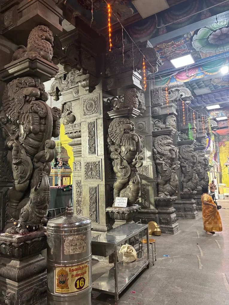 Intricately carved stone Yali pillars inside the main hall of Kalikambal Temple George Town Chennai