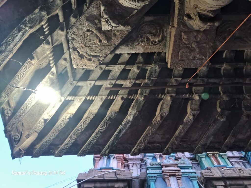 Detailed stone Kodungai roof eaves and carved granite ceiling at Thiruperundurai Avudaiyarkoil temple Detailed stone Kodungai roof eaves and carved granite ceiling at Thiruperundurai Avudaiyarkoil temple